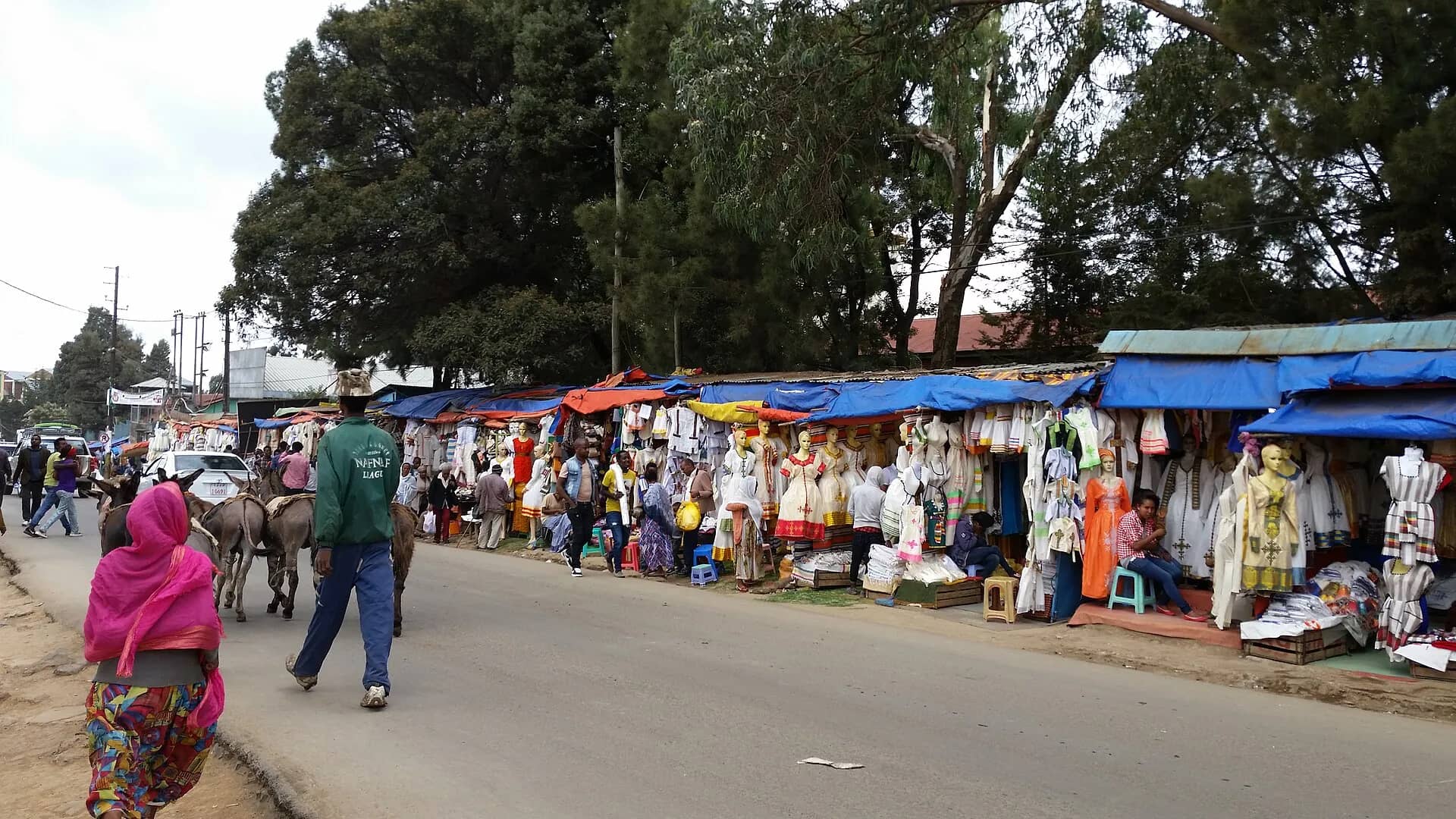 A street market of small clothing traders in Addis Ababa